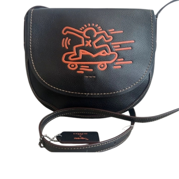 Coach Handbags - Coach Black Leather Crossbody with Orange Skateboard Graphic